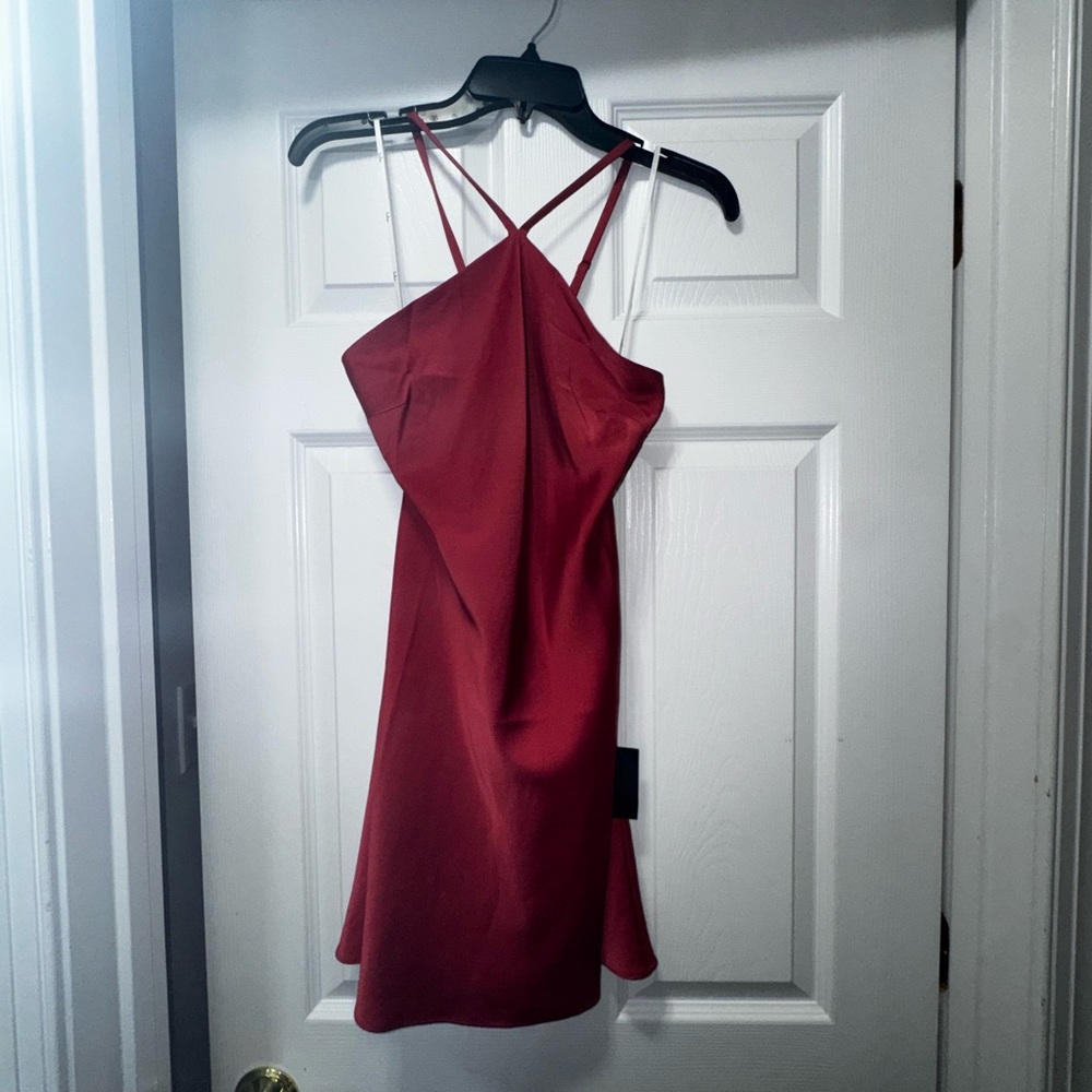 Lulus Rooftop Party Dusty Red Satin Halter Mini Dress - Size S - Picture 3 of 3